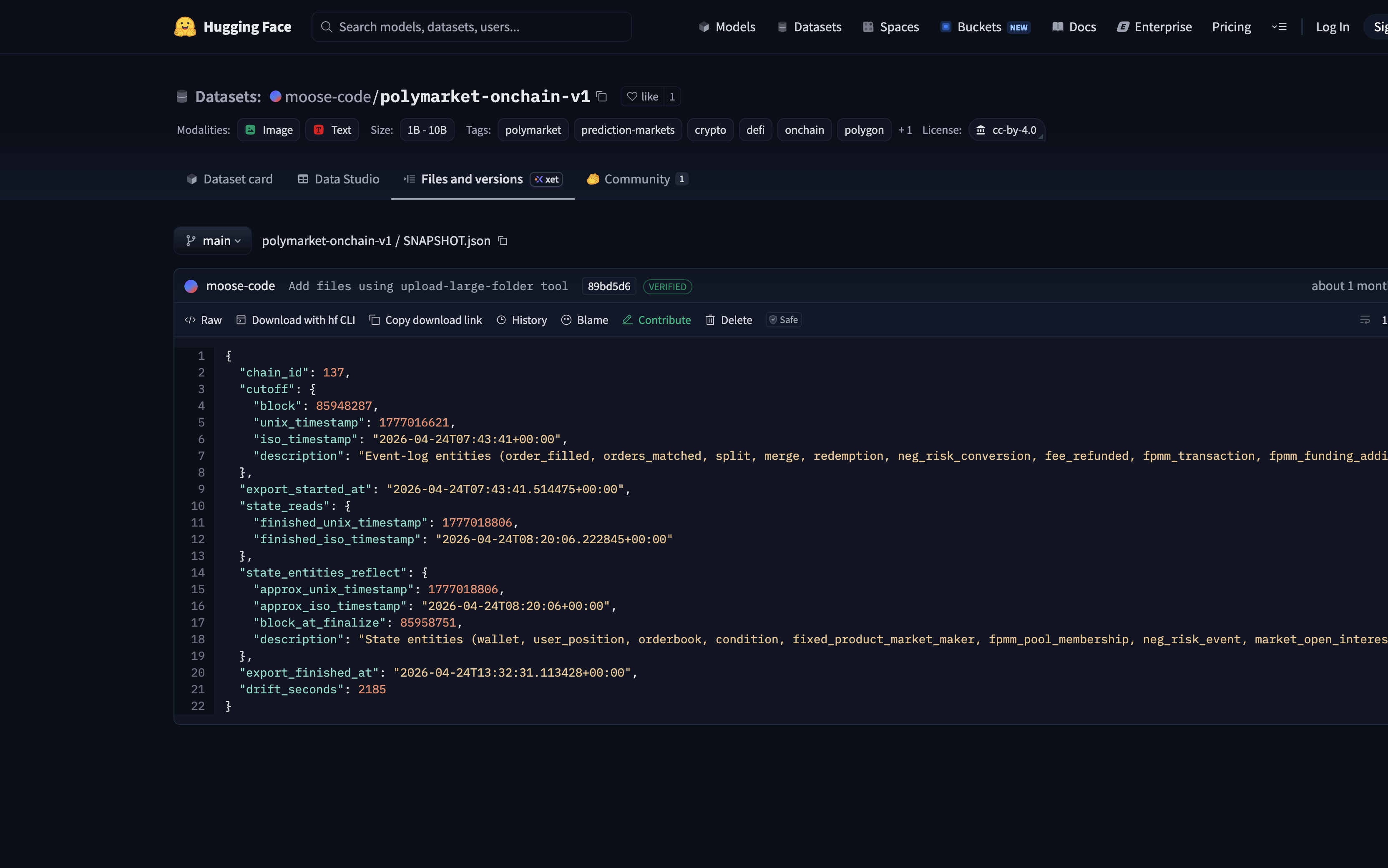SNAPSHOT.json on Hugging Face for the Polymarket v1 snapshot